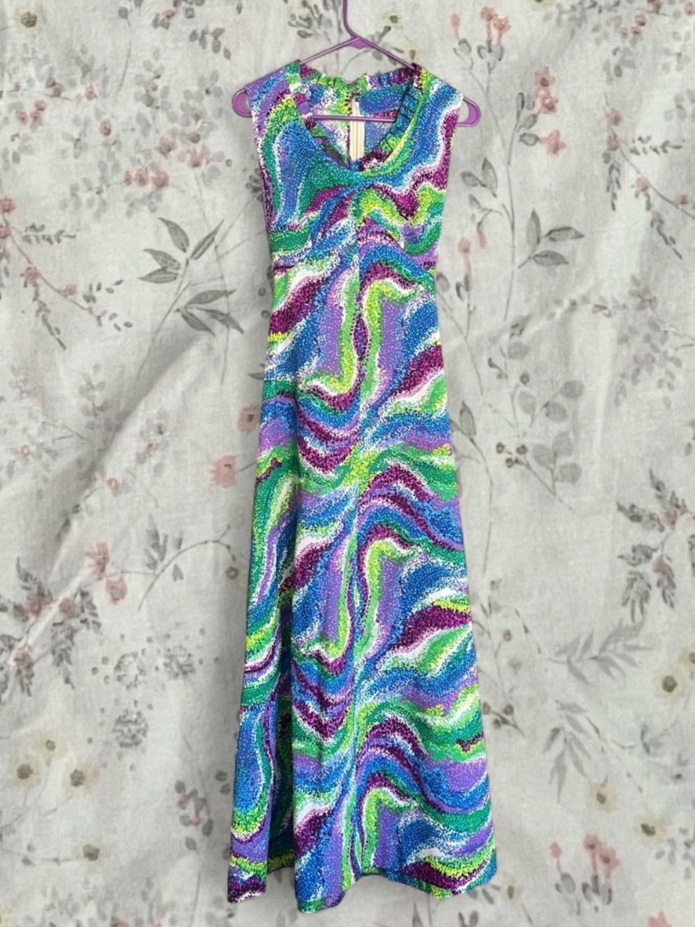 Vintage 70s Maxi Dress Psychedelic Empire Waist Ruffle Swirl Mod Gogo